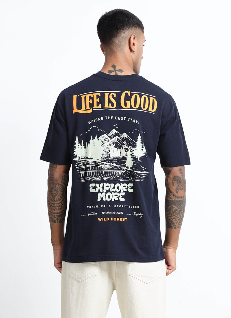 LIFE IS GOOD Oversized Cotton Printed T-Shirt Navy Blue - Back Print Images
