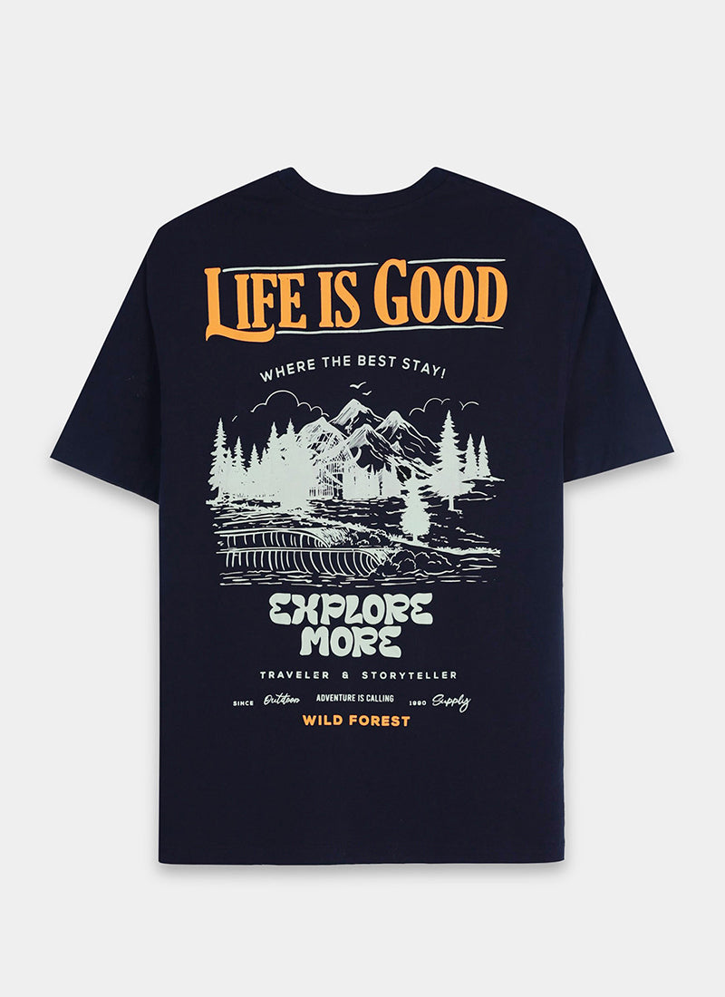 LIFE IS GOOD Oversized Cotton Printed T-Shirt Navy Blue - Back Print View