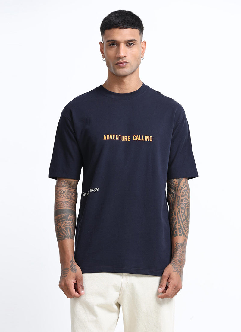 LIFE IS GOOD Oversized Cotton Printed T-Shirt Navy Blue - Front View