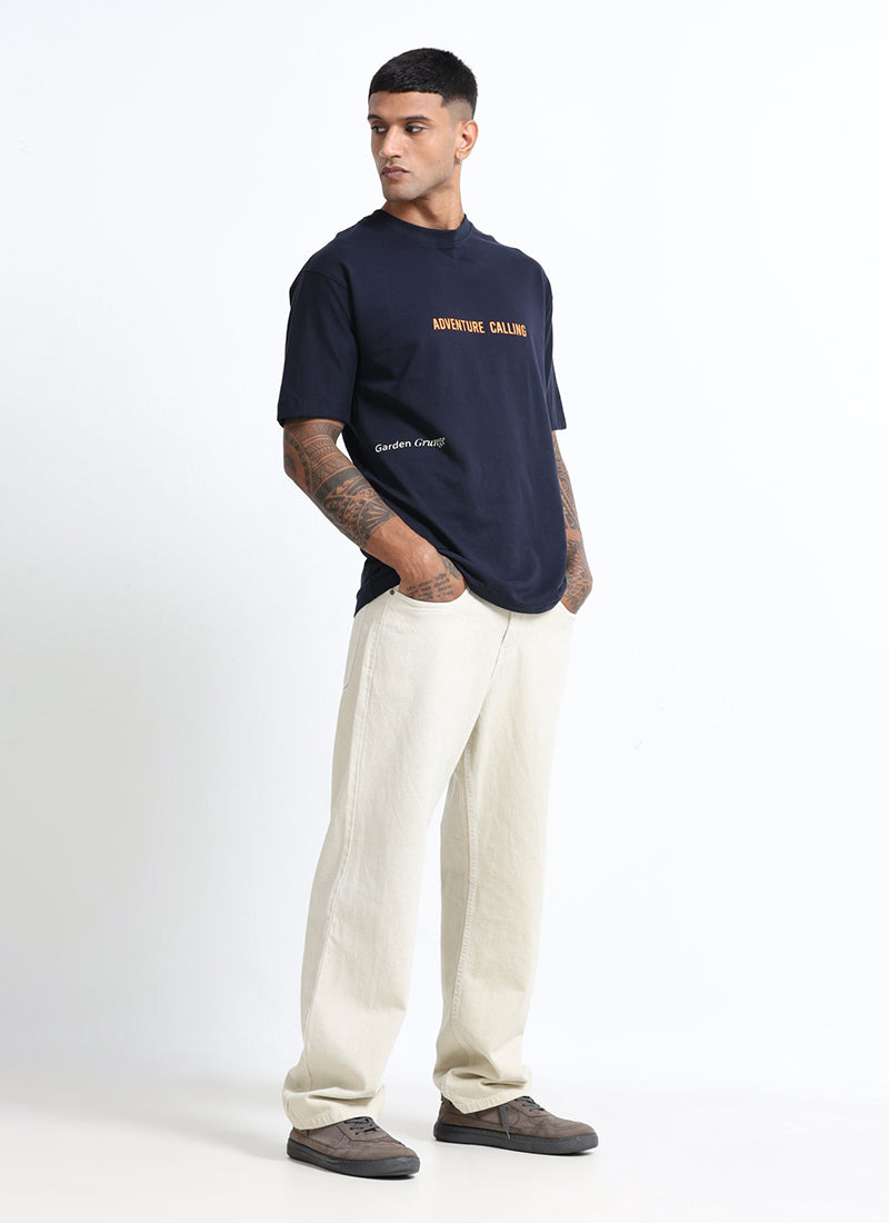 LIFE IS GOOD Oversized Cotton Printed T-Shirt Navy Blue - Matching Jean