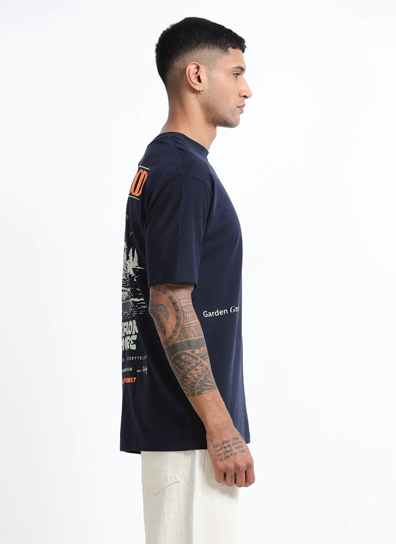 LIFE IS GOOD Oversized Cotton Printed T-Shirt Navy Blue - Side View