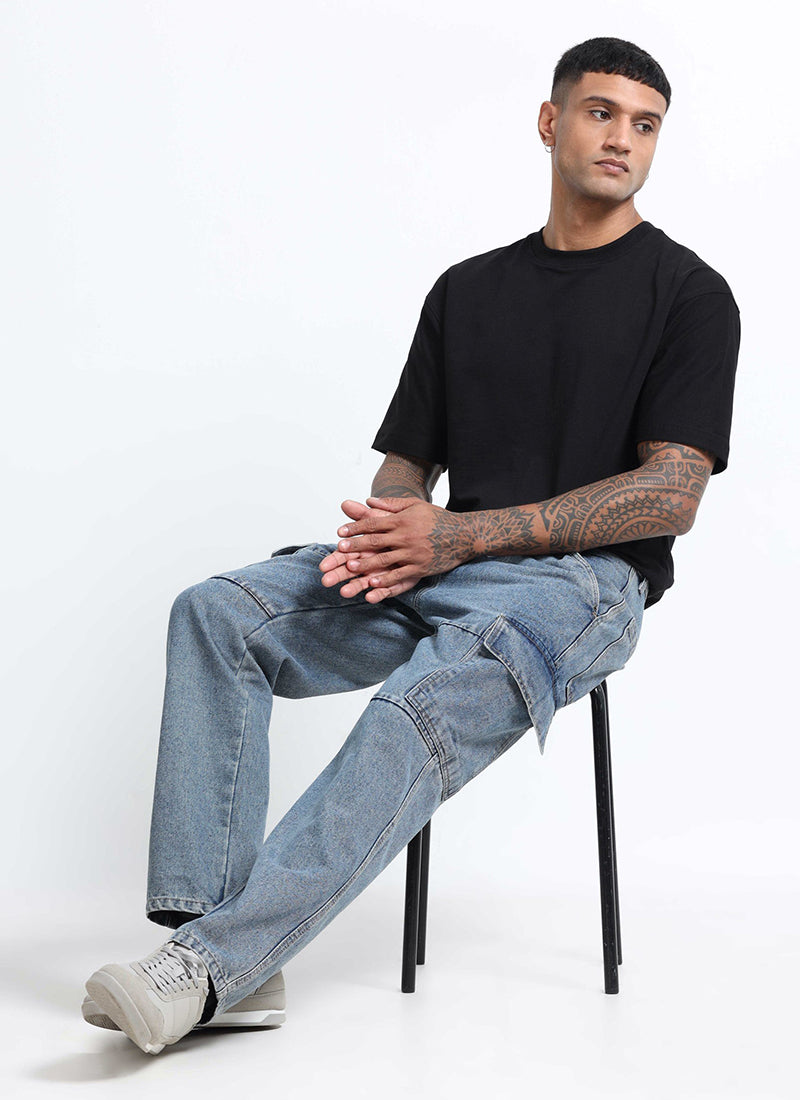 light wash blue cargo denim jeans