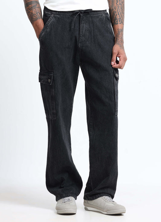 MAVERICK Relaxed Fit Drawstring Cargo Denim Jeans Graphite Black-Front View