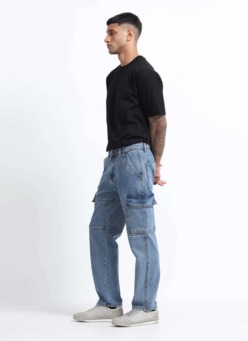 light blue cargo denim jeans