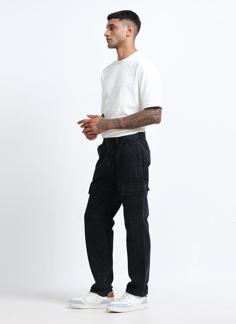 jet black denim cargo jeans