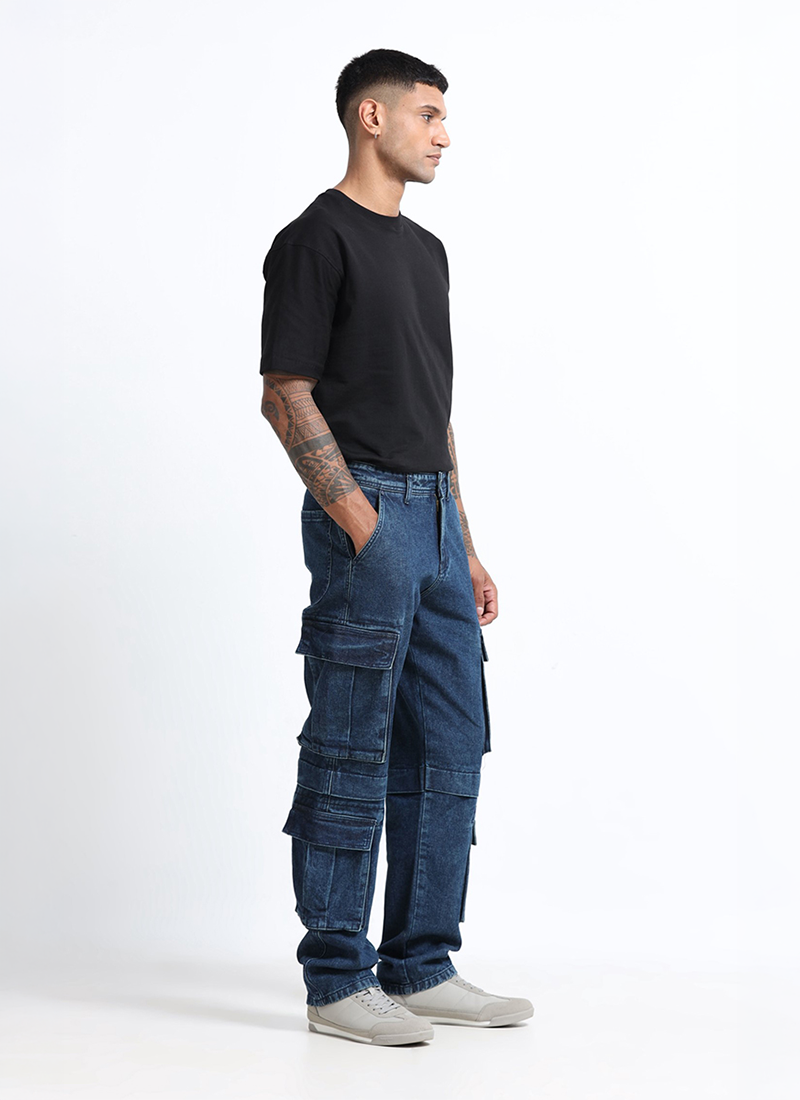 dark blue denim cargo jeans