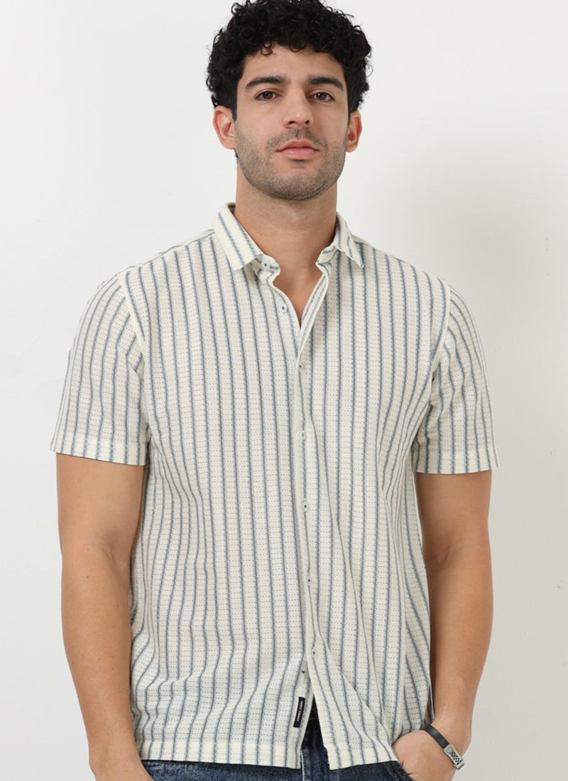 NOIR Pinstripe Jacquard Shirt Off White Blue-Front View