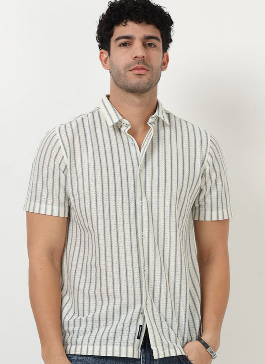 NOIR Pinstripe Jacquard Shirt Off White Blue-Front View