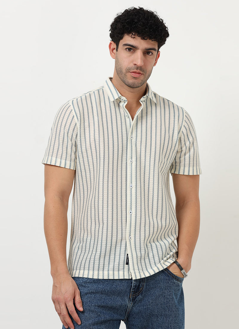 NOIR Pinstripe Jacquard Shirt Off White Blue-Model Front View