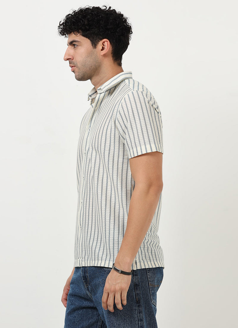 NOIR Pinstripe Jacquard Shirt Off White Blue-Model Side View