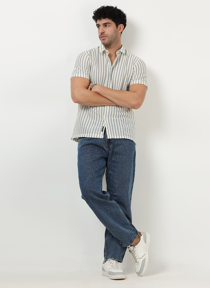 NOIR Pinstripe Jacquard Shirt Off White Blue- View