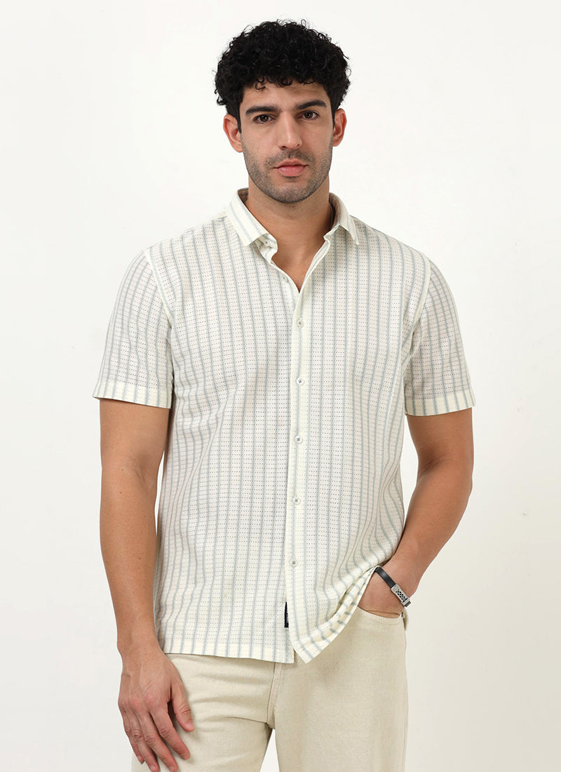 NOIR Pinstripe Jacquard Shirt Off White Celadon-Front View