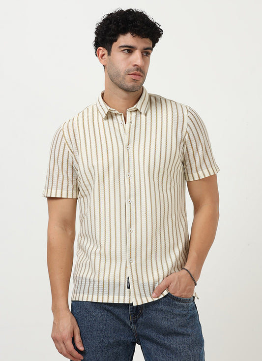 NOIR Pinstripe Jacquard Shirt Off White Sand-Front View