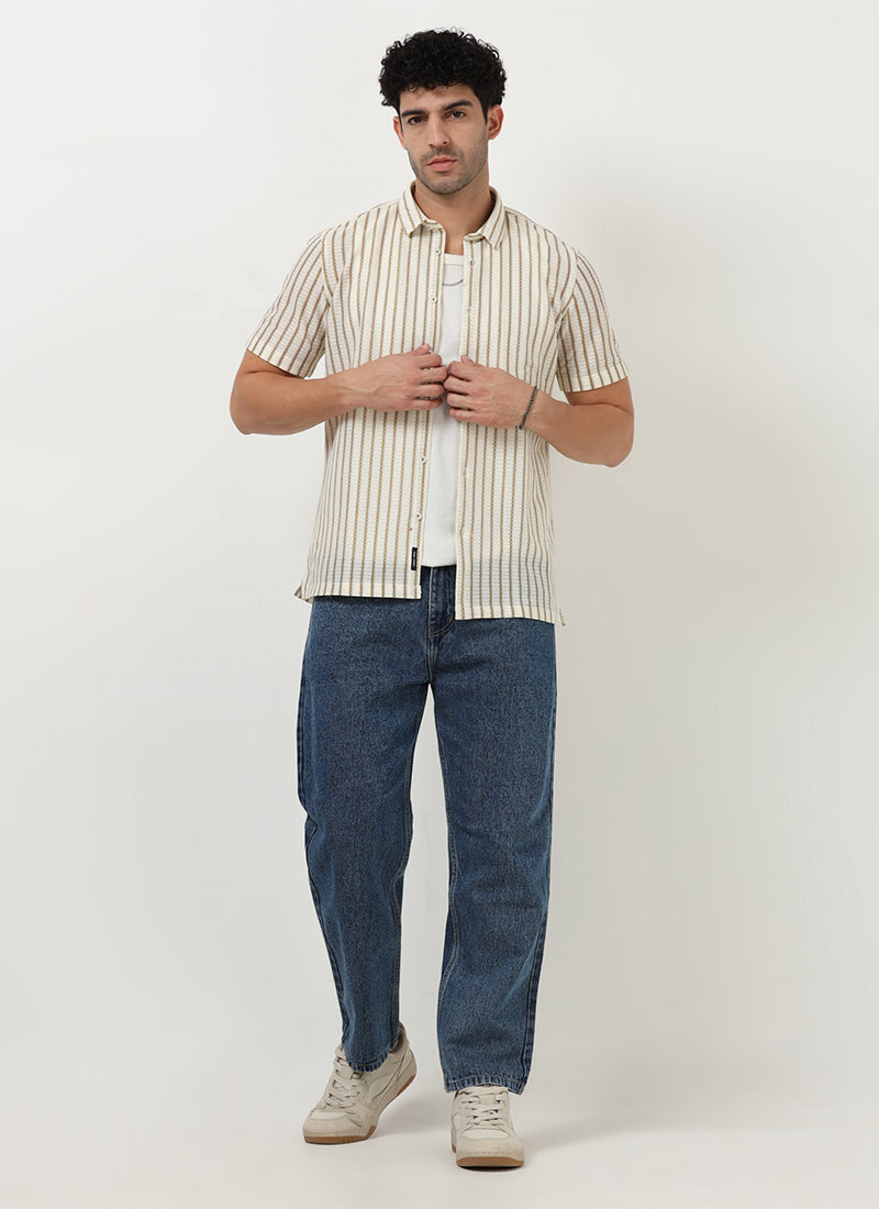 NOIR Pinstripe Jacquard Shirt Off White Sand-Model Front View