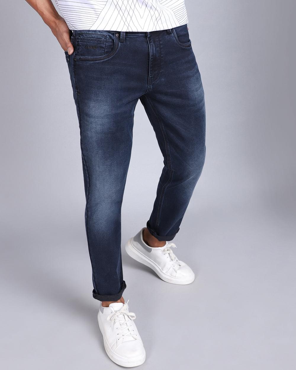 Washed Dark Blue Ankle Fit Jeans for Men 