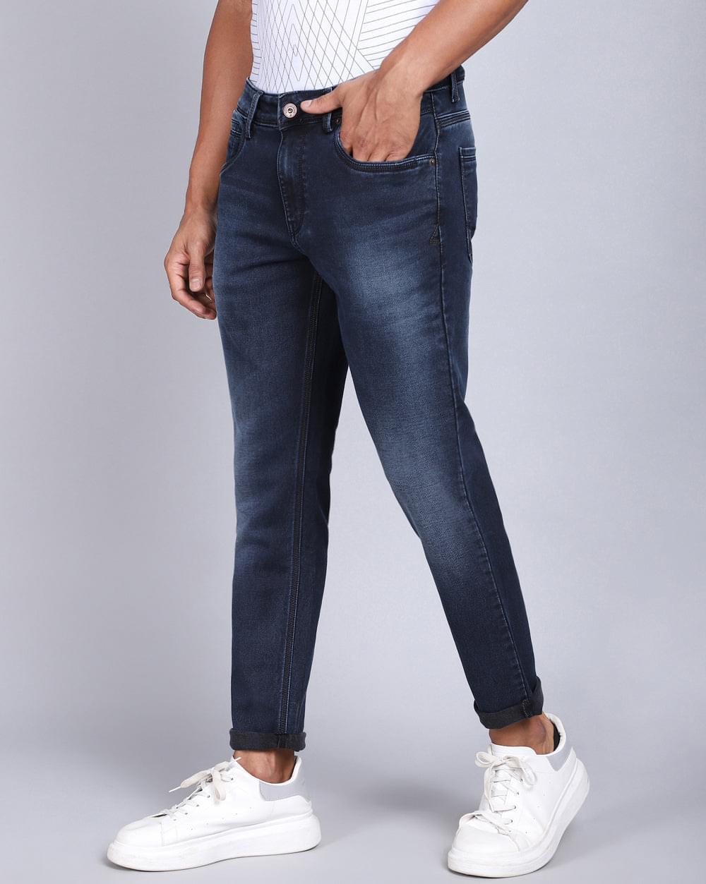 Washed Dark Blue Ankle Fit Jeans for Men 