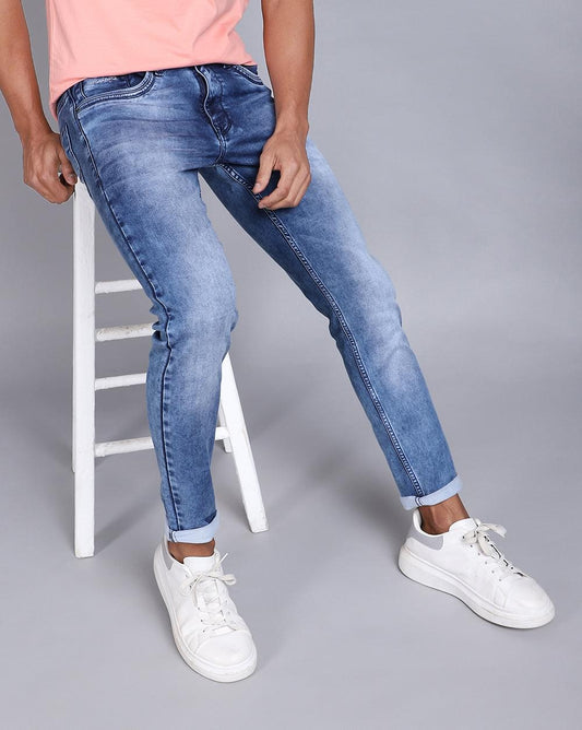 Ankle Fit Light Wash Blue Jeans for Men 