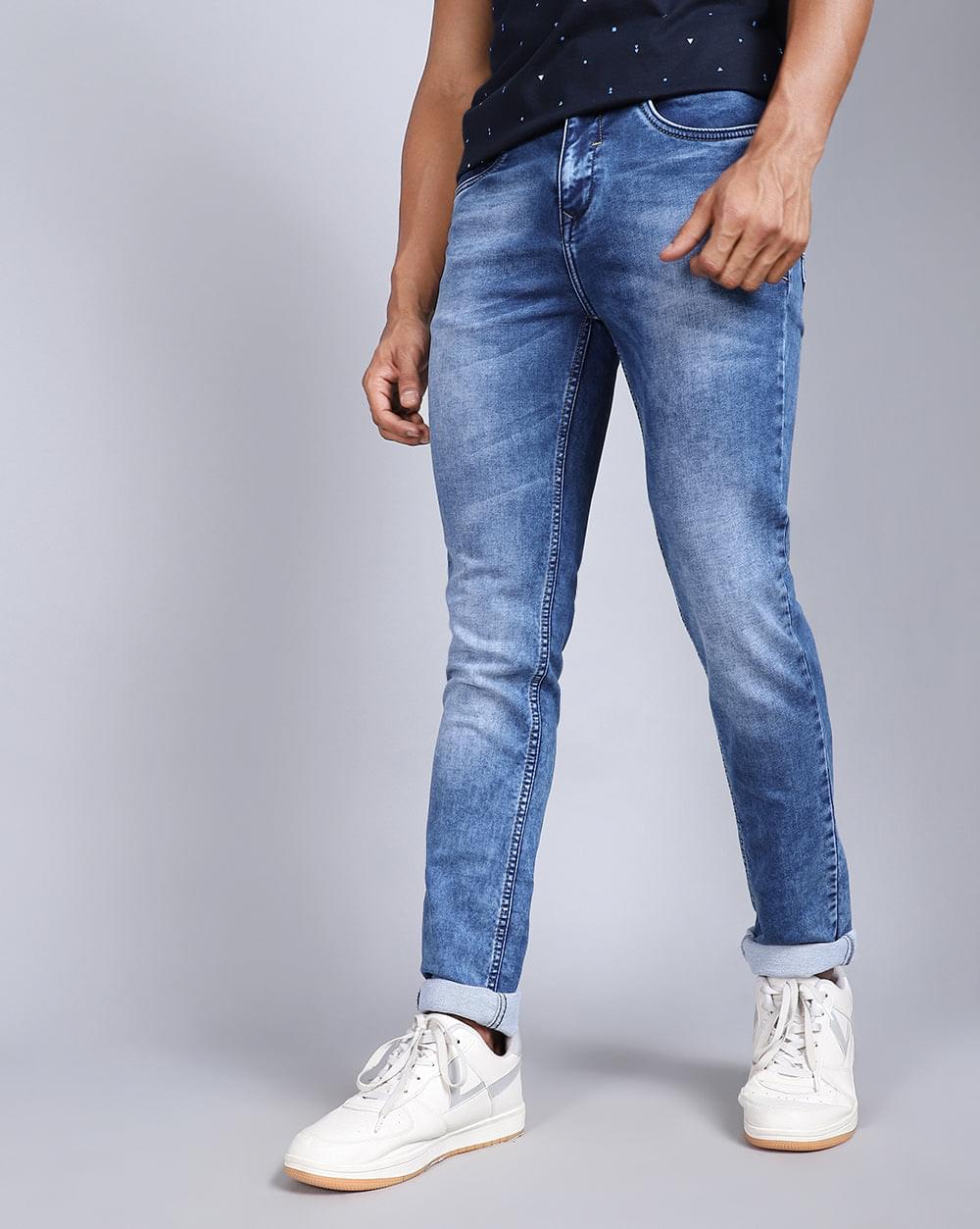 Ankle Fit Faded Mid Blue Jeans for Men 