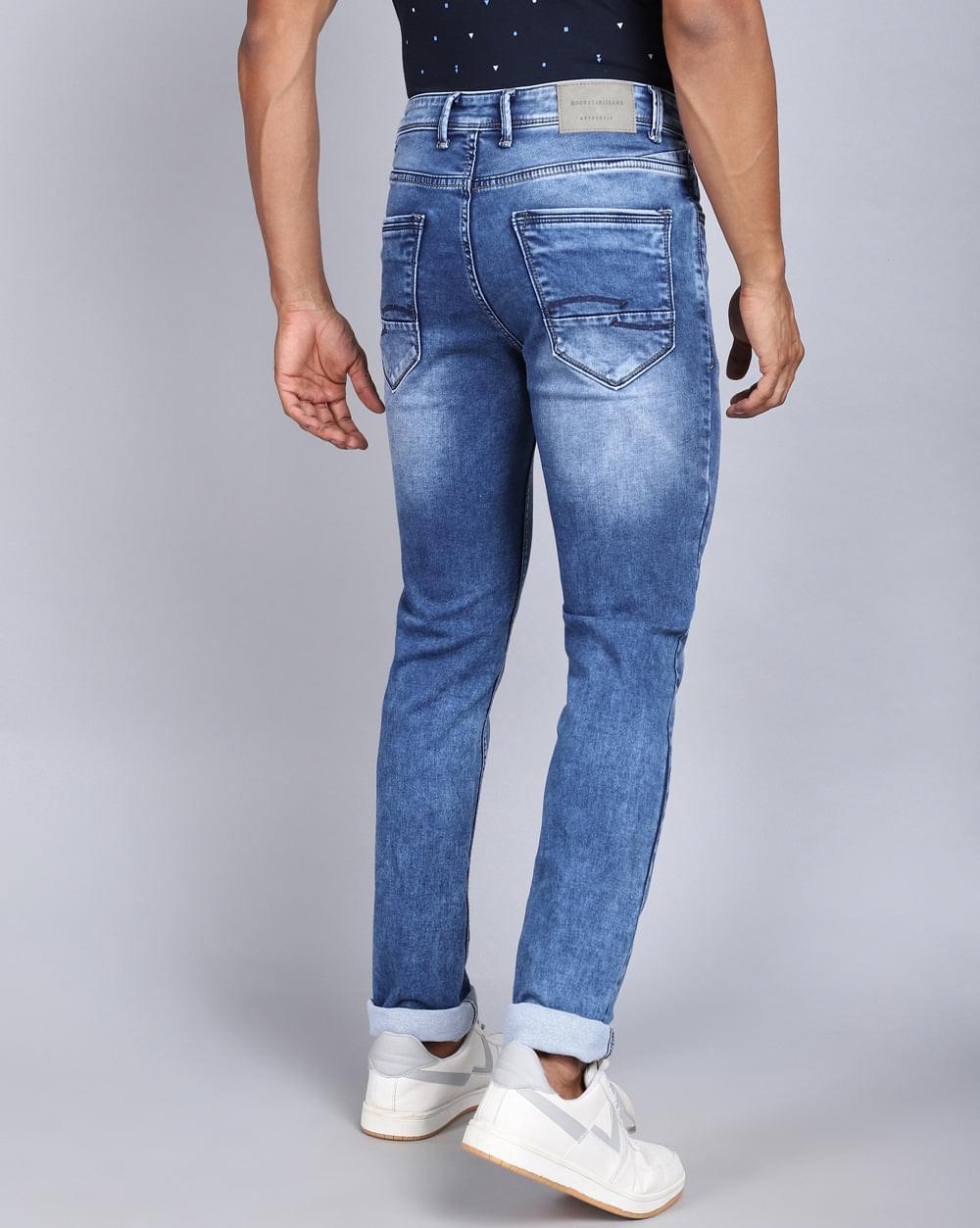 Ankle Fit Faded Mid Blue Jeans for Men 