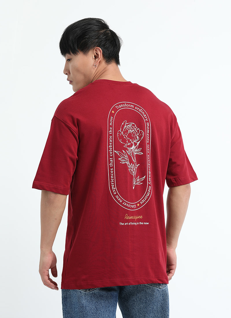 REIMAGINE Oversized Cotton Printed T-Shirt Cardinal Red - Back Prints View