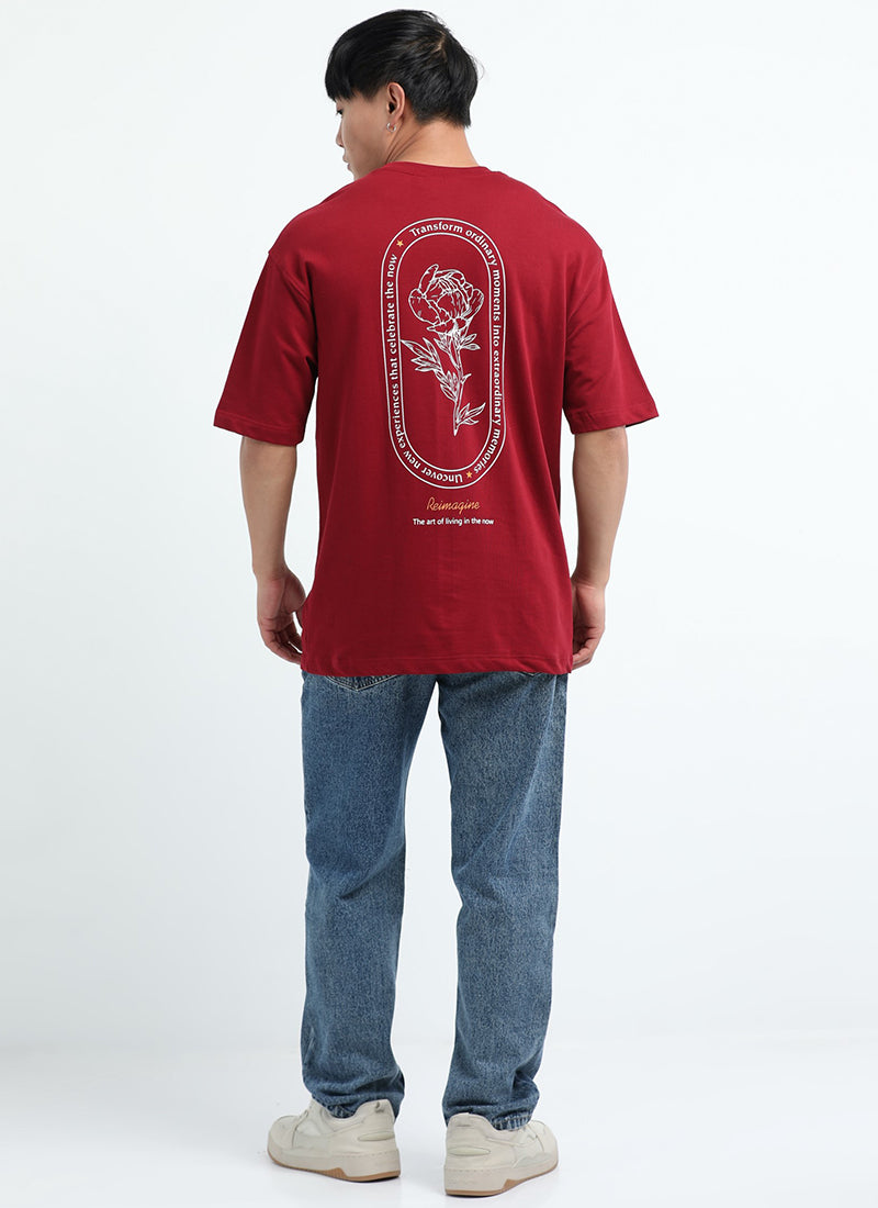 REIMAGINE Oversized Cotton Printed T-Shirt Cardinal Red - Model Back Image
