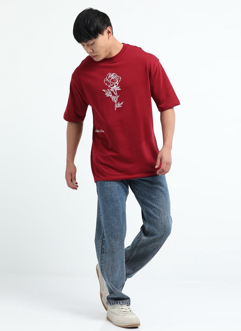 REIMAGINE Oversized Cotton Printed T-Shirt Cardinal Red - Model Full Image