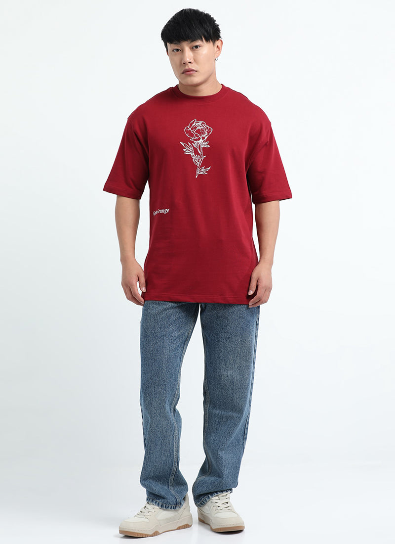 REIMAGINE Oversized Cotton Printed T-Shirt Cardinal Red -  Model Matching Jeans
