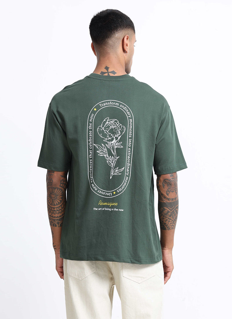 REIMAGINE Oversized Cotton Printed T-Shirt Military Green - Back View