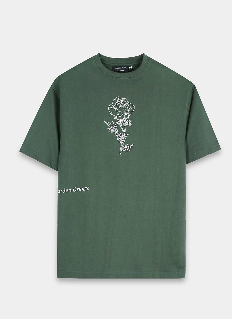 REIMAGINE Oversized Cotton Printed T-Shirt Military Green - Flatlay Front View