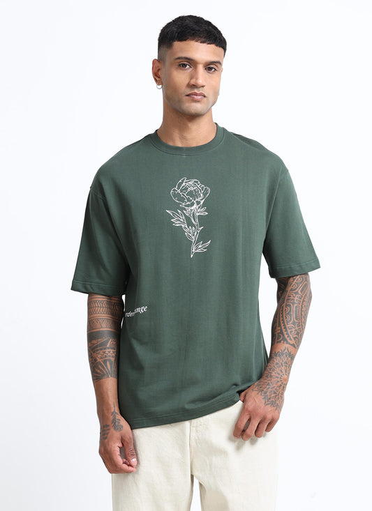 REIMAGINE Oversized Cotton Printed T-Shirt Military Green - Front View