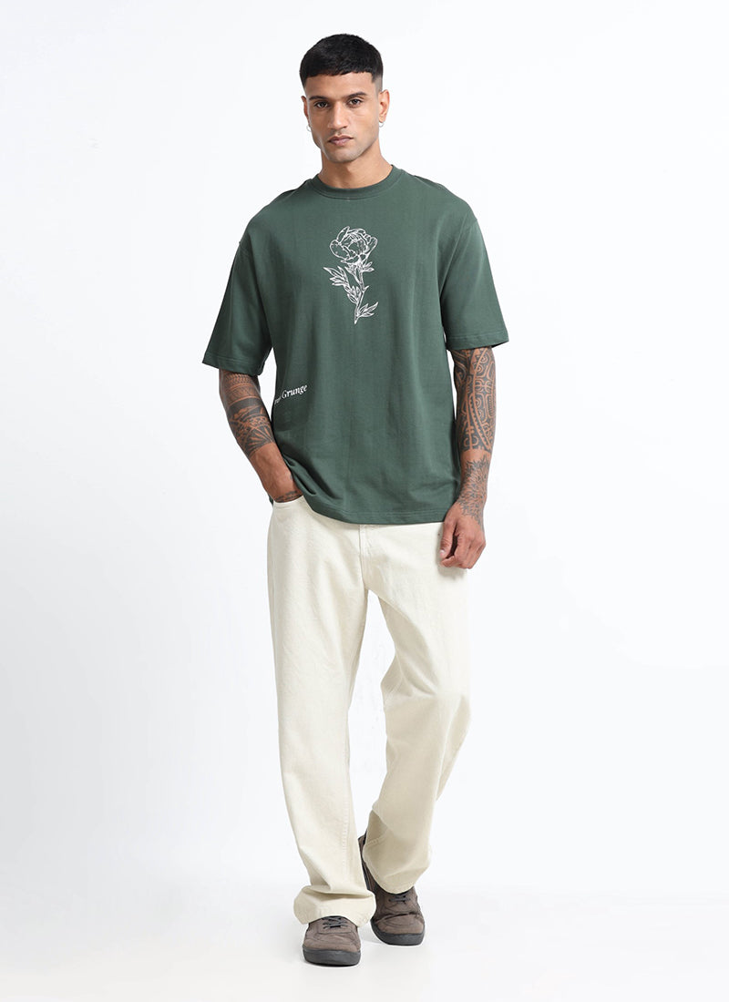 REIMAGINE Oversized Cotton Printed T-Shirt Military Green - Model View