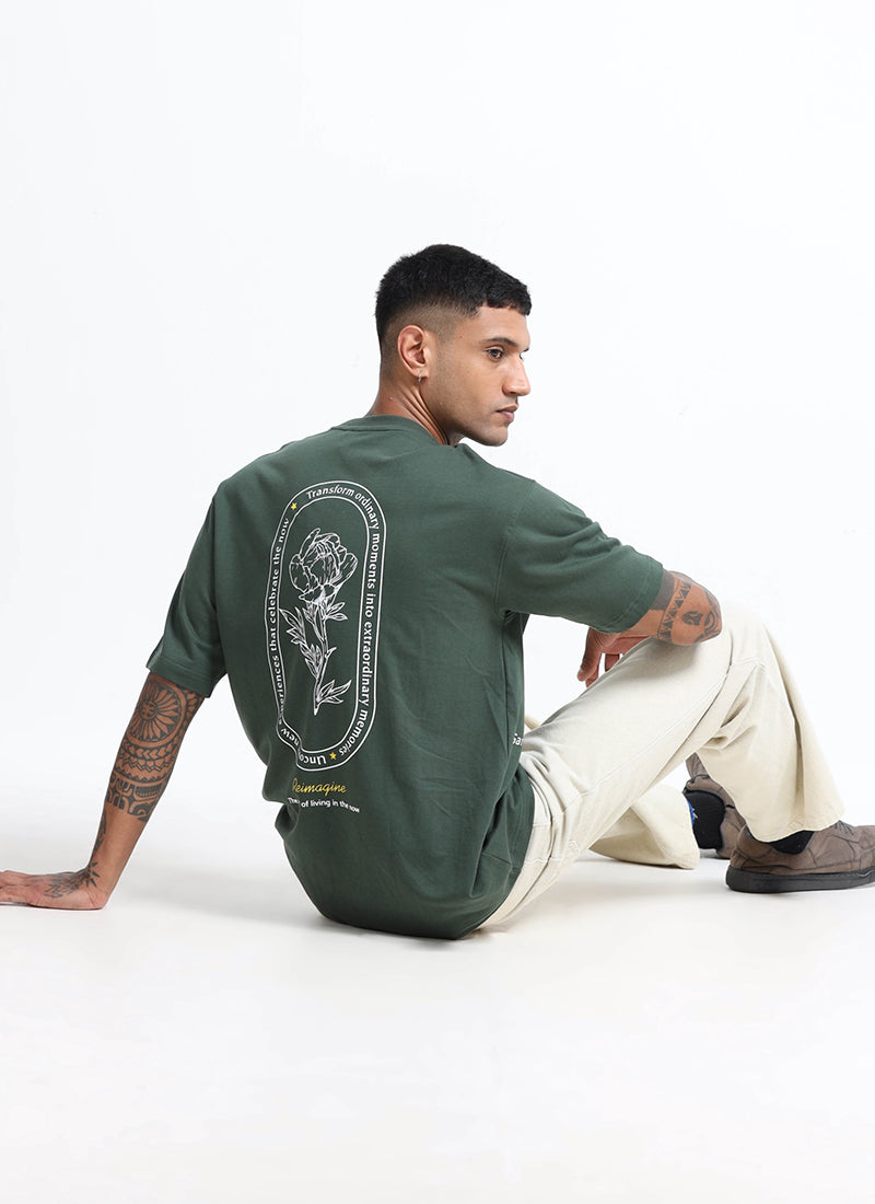 REIMAGINE Oversized Cotton Printed T-Shirt Military Green - Relaxed Pose View