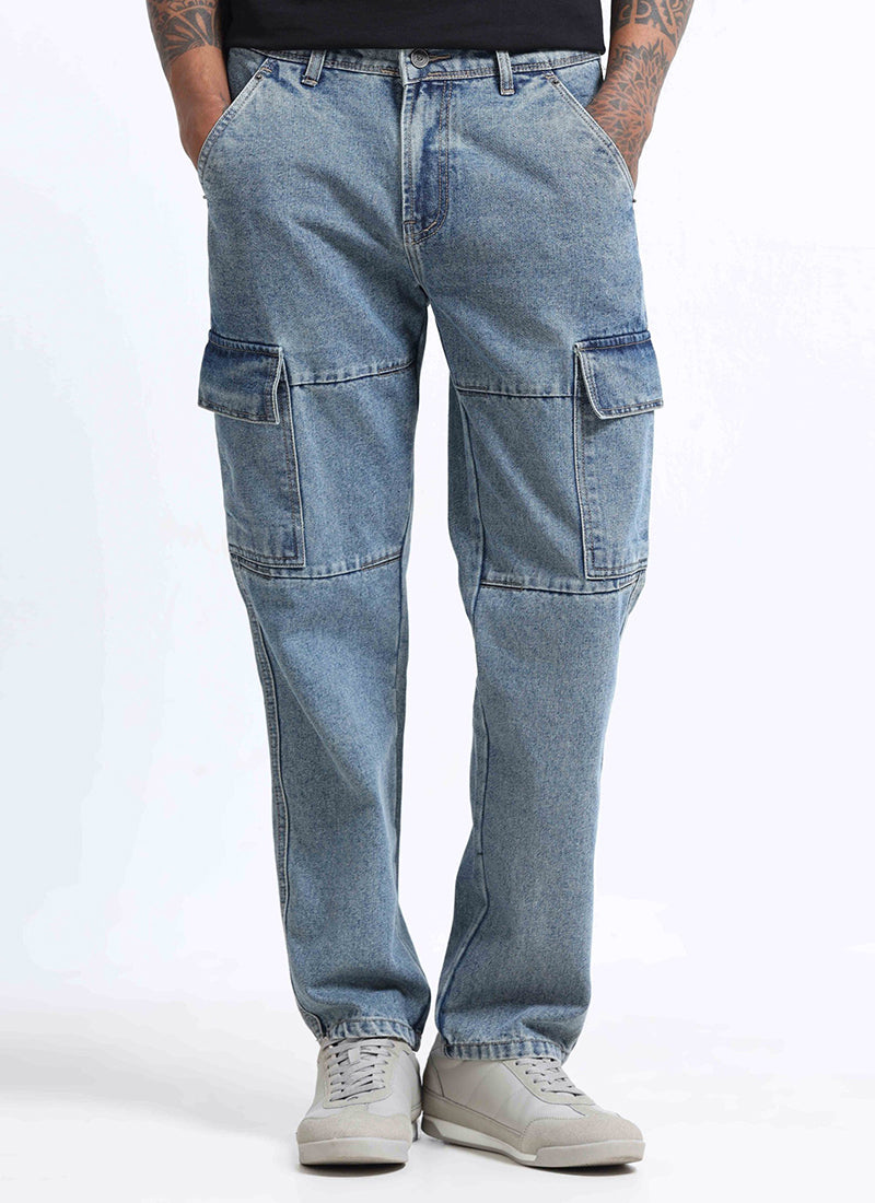 light wash blue cargo jeans for men
