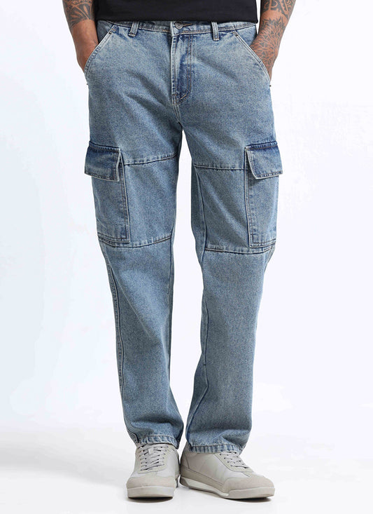 light wash blue cargo jeans for men
