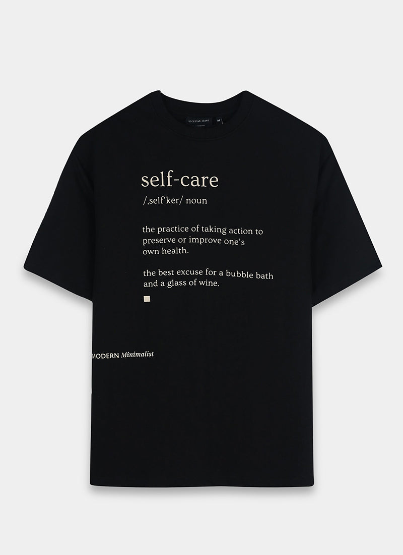 SELF CARE Oversized Cotton Printed T-Shirt Black - Flatlay Front View