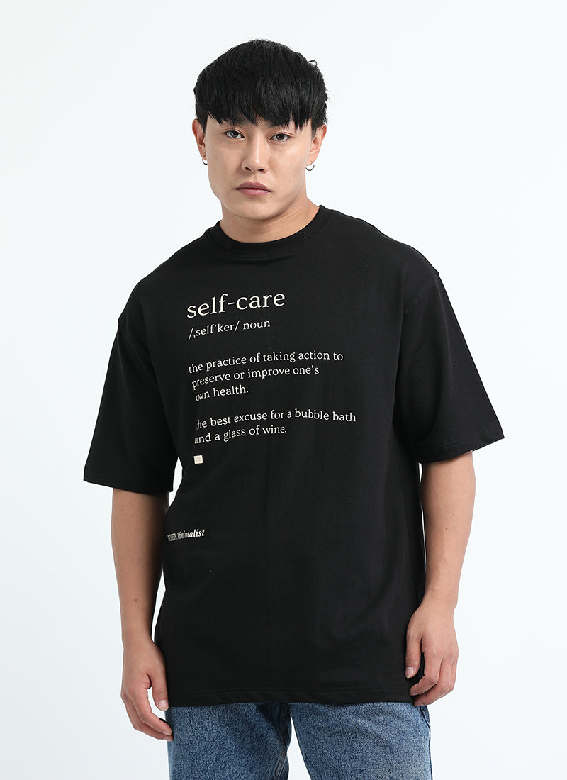 SELF CARE Oversized Cotton Printed T-Shirt Black - Front Full View