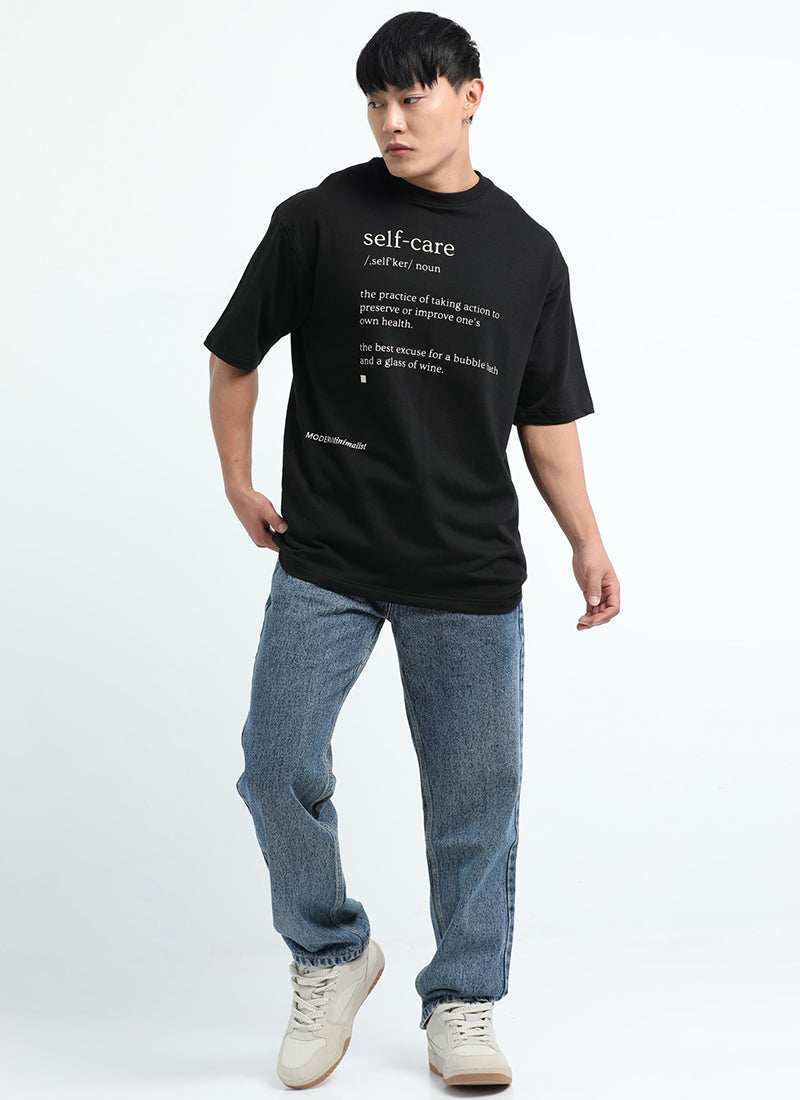 SELF CARE Oversized Cotton Printed T-Shirt Black - Matching Jeans