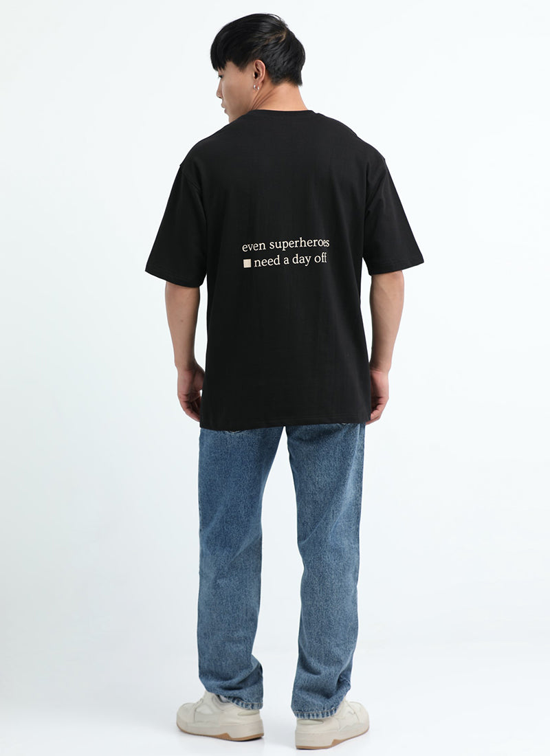 SELF CARE Oversized Cotton Printed T-Shirt Black - Model Back View