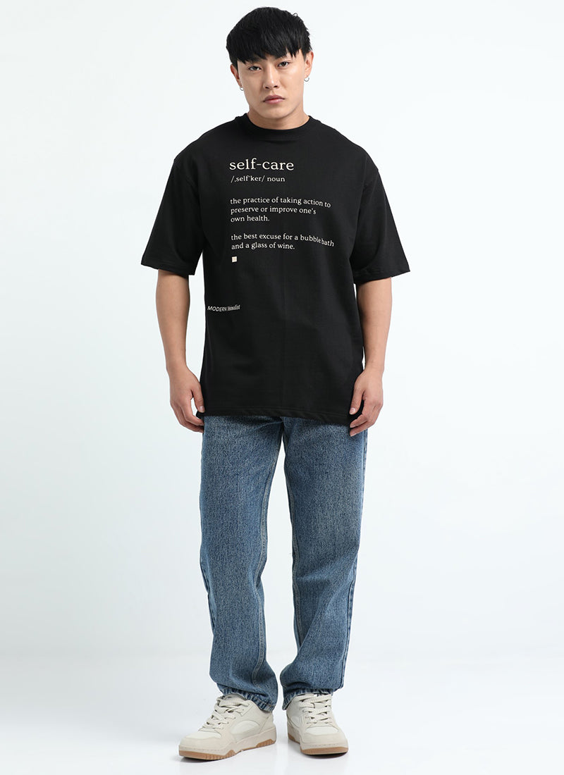SELF CARE Oversized Cotton Printed T-Shirt Black - Model View