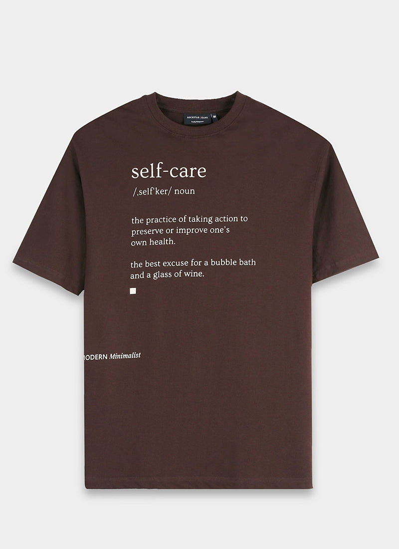SELF CARE Oversized Cotton Printed T-Shirt Espresso Brown - Flatlay Front View
