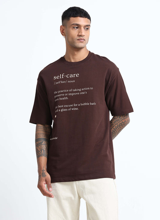 SELF CARE Oversized Cotton Printed T-Shirt Espresso Brown - Front View