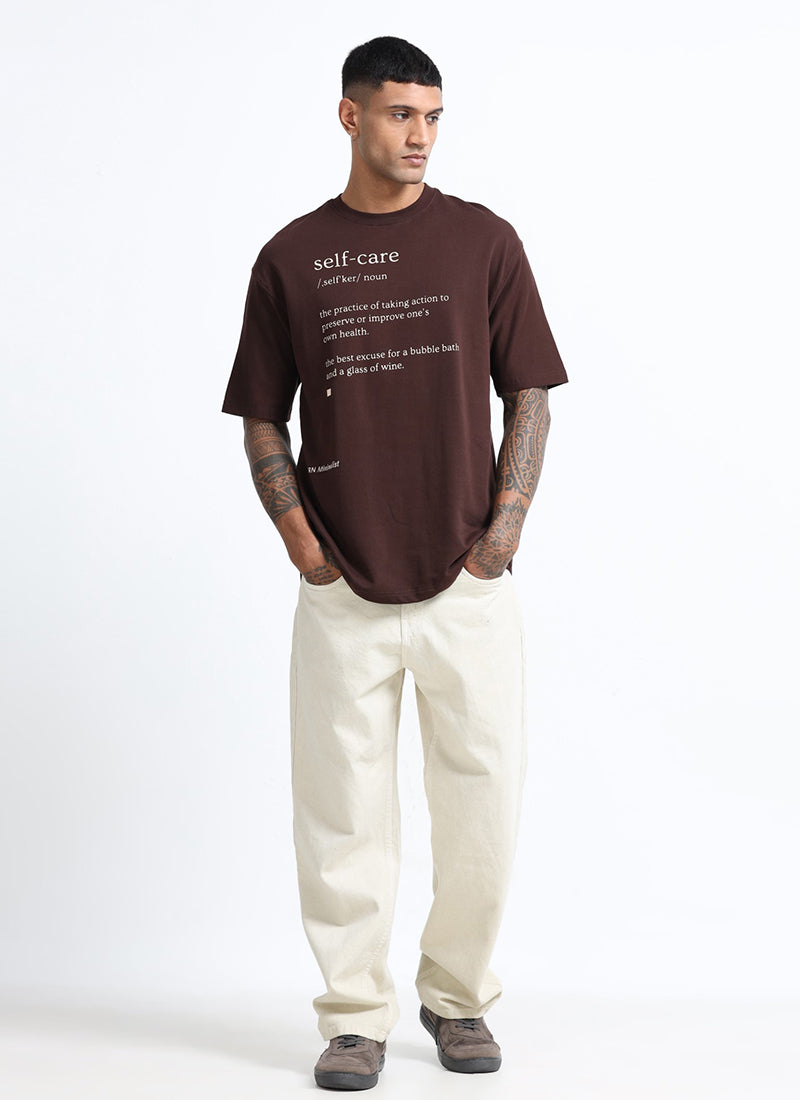 SELF CARE Oversized Cotton Printed T-Shirt Espresso Brown - Matching Jeans