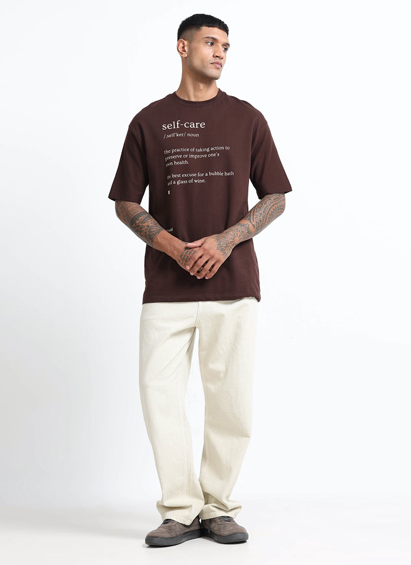 SELF CARE Oversized Cotton Printed T-Shirt Espresso Brown - Model View