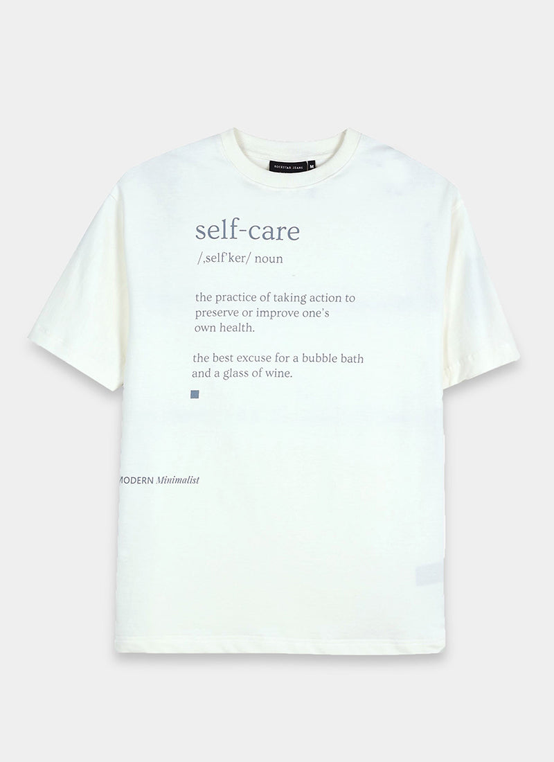 SELF CARE Oversized Cotton Printed T-Shirt Off White - Flatlay Front View
