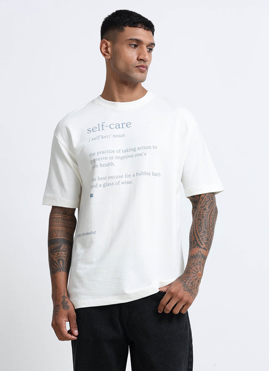 SELF CARE Oversized Cotton Printed T-Shirt Off White - Front View
