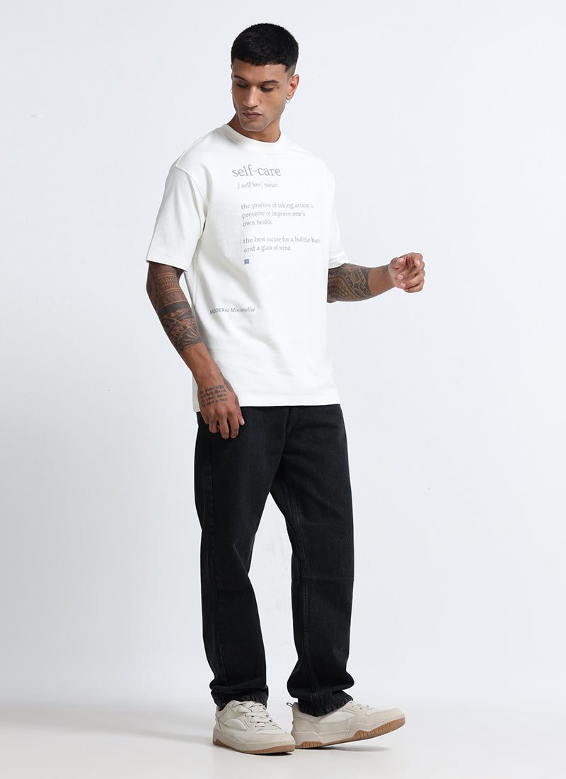 SELF CARE Oversized Cotton Printed T-Shirt Off White - Model Image