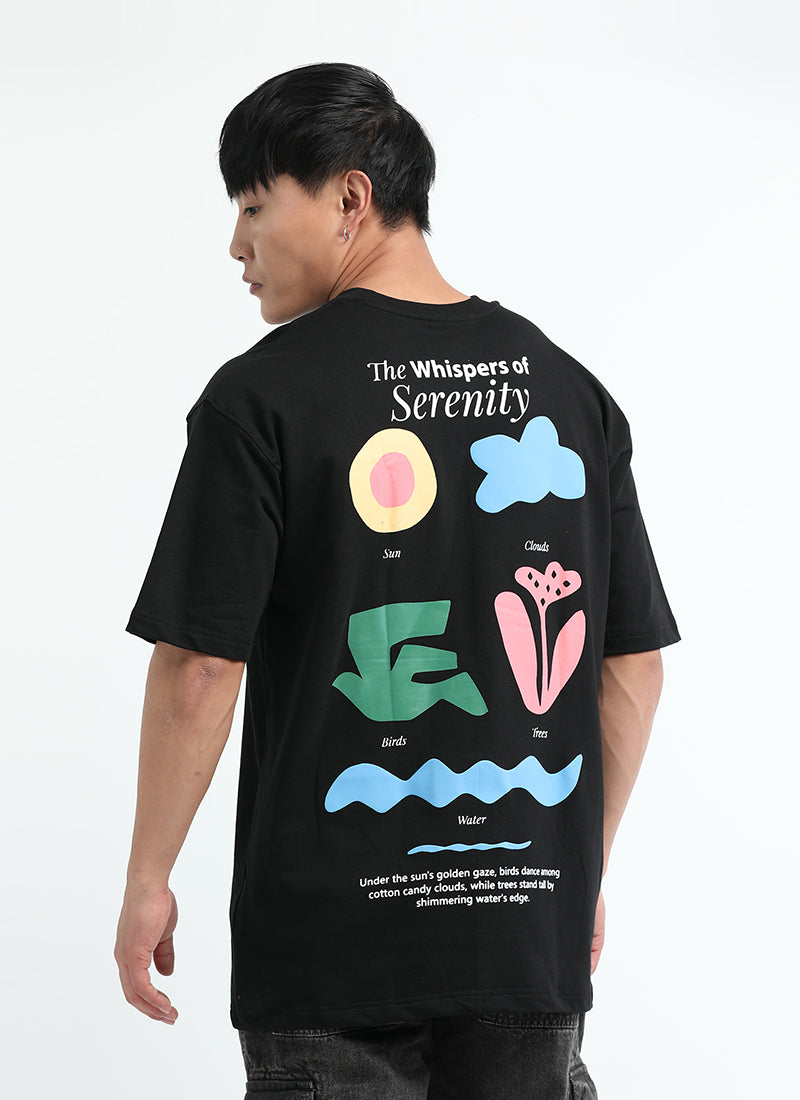 SERENITY Oversized Cotton Printed T-Shirt Midnight Black - Back View