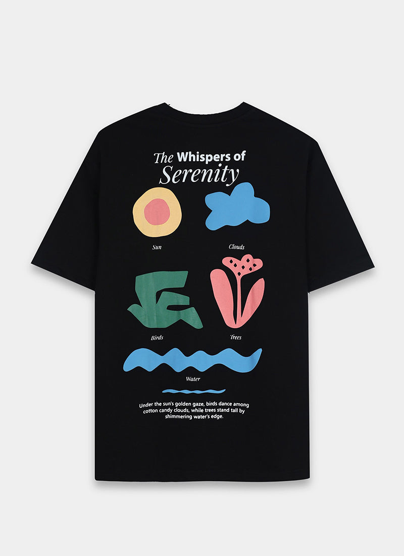 SERENITY Oversized Cotton Printed T-Shirt Midnight Black - Flatlay Back Prints View