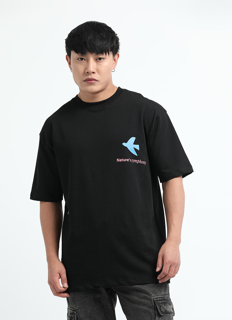 SERENITY Oversized Cotton Printed T-Shirt Midnight Black - Front View