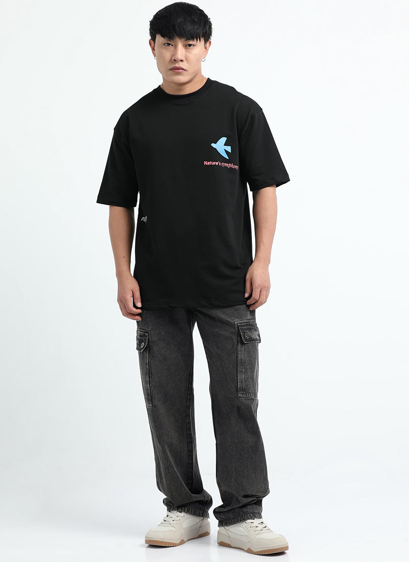 SERENITY Oversized Cotton Printed T-Shirt Midnight Black - Full View